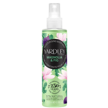 Load image into Gallery viewer, Yardley London Magnolia & Fig Moisturising Body Mist (200ml), a vegan and cruelty-free floral fragrance spray formulated with 97% natural ingredients in a decorative 250th-anniversary bottle.