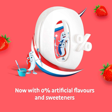 Load image into Gallery viewer, Animated toothpaste characters standing around a large 0% symbol to highlight the absence of artificial flavours and sweeteners.