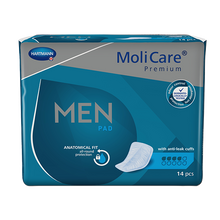 Load image into Gallery viewer, MoliCare Premium Men Pad packaging with 14 pieces. It shows for drops, meaning extra protection.