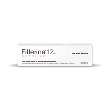 Load image into Gallery viewer, Packaging for FILLERINA 12, a lips and mouth dermo-cosmetic gel with a concentration of 12 molecules of Hyaluronic Acid, containing 3 Collagen and 2 Elastin molecules. The package is white with red and black text and has a 'Lips and Mouth' indication.