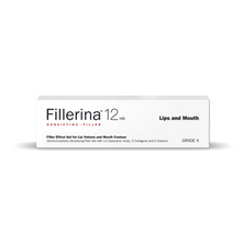 Load image into Gallery viewer, Packaging for FILLERINA 12, a dermo-cosmetic gel for lips and mouth with a concentration of 12 molecules of Hyaluronic Acid, containing 3 Collagen and 2 Elastin molecules, in a 7ml container with a special tip applicator.