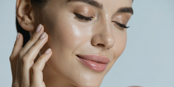 A woman with glowing skin touches her face.
