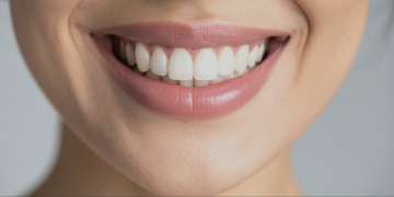 Close-up portrait of a smiling woman showing white teeth and glossy pink lips against a soft light grey background.