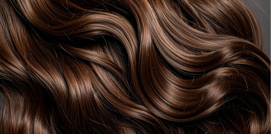 Close-up of glossy, wavy brown hair with smooth texture and soft highlights, styled in flowing curls against a dark background.