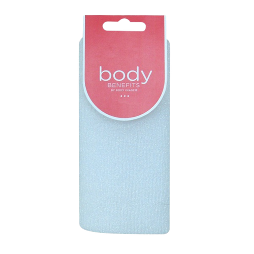A light blue bath and shower cloth with a pink and white 'body benefits' brand tag at the top.