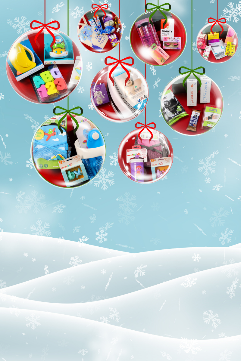 Decorative Christmas ornaments with various bundles on a snowy background