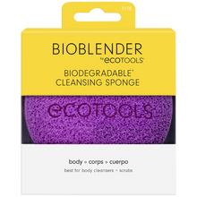Load image into Gallery viewer, A purple Eco Tools body cleansing sponge with a loop for hanging.
