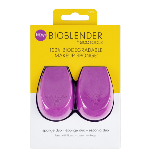 Packaging of ECO TOOLS BIOBLENDER DUO makeup sponges, with one sponge displayed in purple color and the other in a dotted pattern, indicating the product is made with 100% biodegradable material.