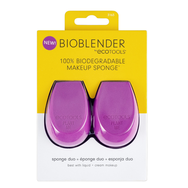 Packaging of ECO TOOLS BIOBLENDER DUO makeup sponges, with one sponge displayed in purple color and the other in a dotted pattern, indicating the product is made with 100% biodegradable material.