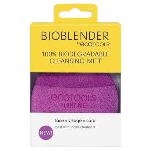 Packaging of ECO TOOLS BIOBLENDER FACE 3177, showcasing the purple cleansing mitt and the brand's commitment to 100% bio-degradable materials.