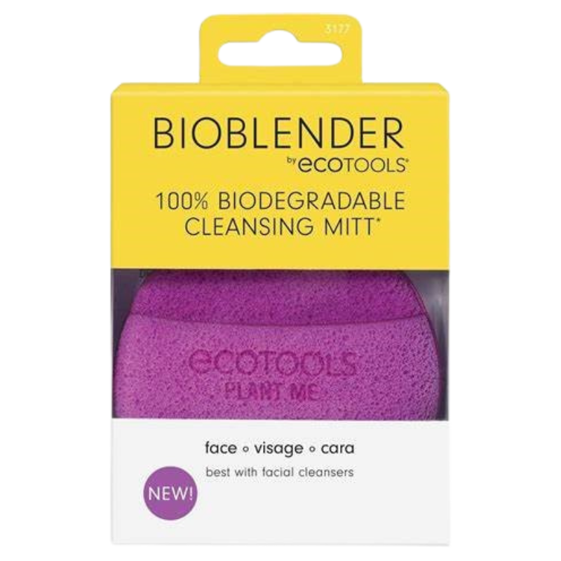 Packaging of ECO TOOLS BIOBLENDER FACE 3177, showcasing the purple cleansing mitt and the brand's commitment to 100% bio-degradable materials.