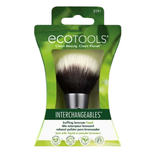 ECO TOOLS buffing bronzer head in packaging, with a green and black color scheme and text indicating it as an interchangeable beauty tool head.