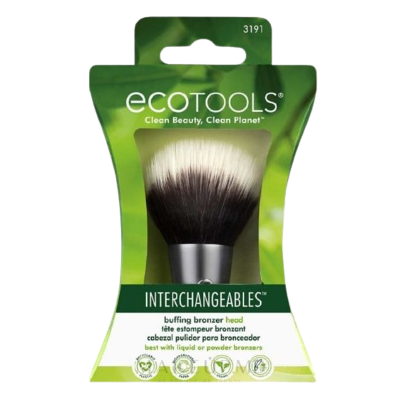 ECO TOOLS buffing bronzer head in packaging, with a green and black color scheme and text indicating it as an interchangeable beauty tool head.