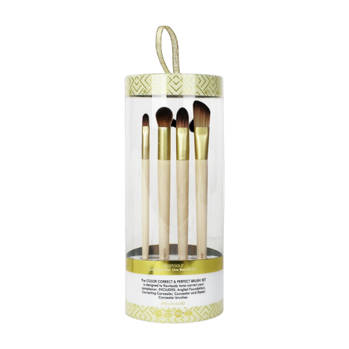 A set of five Eco Tools makeup brushes in a transparent packaging with gold and beige colors, labeled as 'The Child's Permanent Makeup Brush Set'.