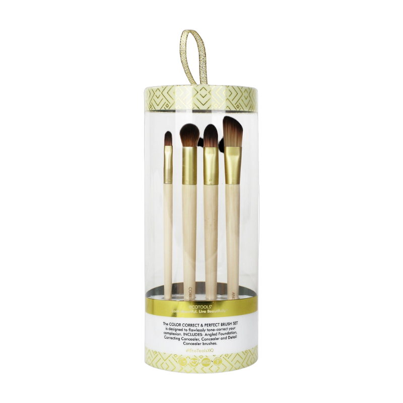 A set of five Eco Tools makeup brushes in a transparent packaging with gold and beige colors, labeled as 'The Child's Permanent Makeup Brush Set'.