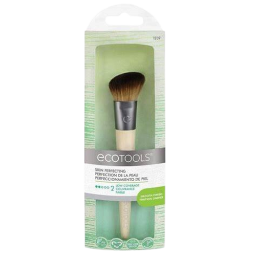 ECO TOOLS SKIN PERFECTING BRUSH 1209, makeup brush packaged in a green and white container with a synthetic brush on one end and a natural bristle brush on the other, labeled as having 2 different brush heads.