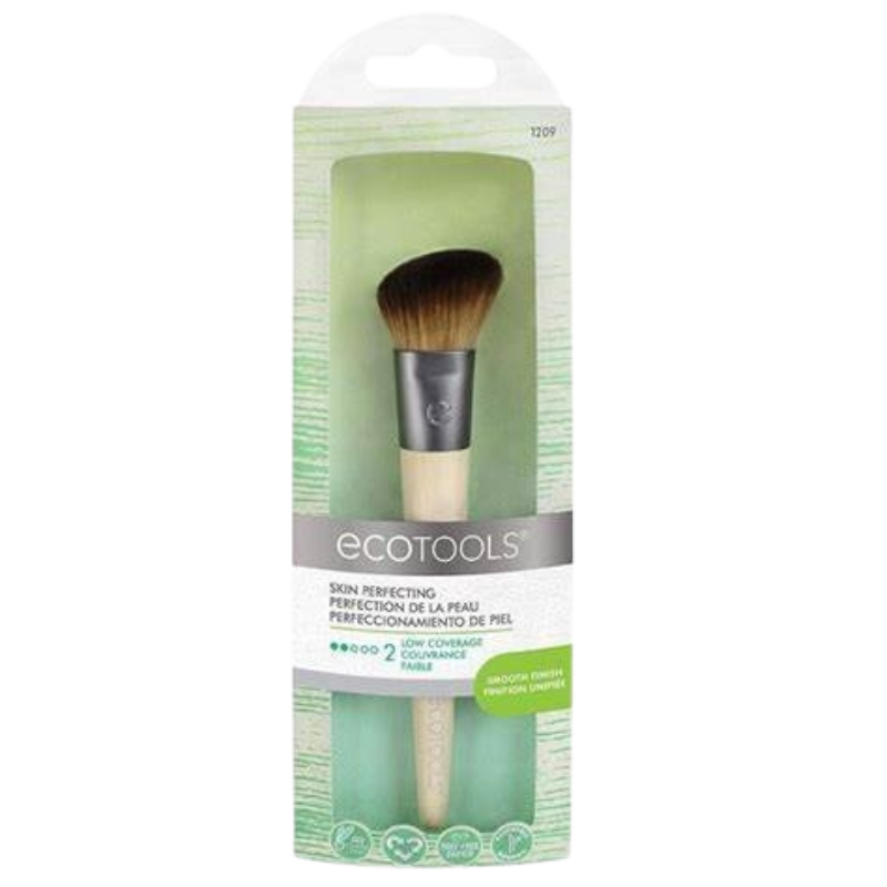 ECO TOOLS SKIN PERFECTING BRUSH 1209, makeup brush packaged in a green and white container with a synthetic brush on one end and a natural bristle brush on the other, labeled as having 2 different brush heads.