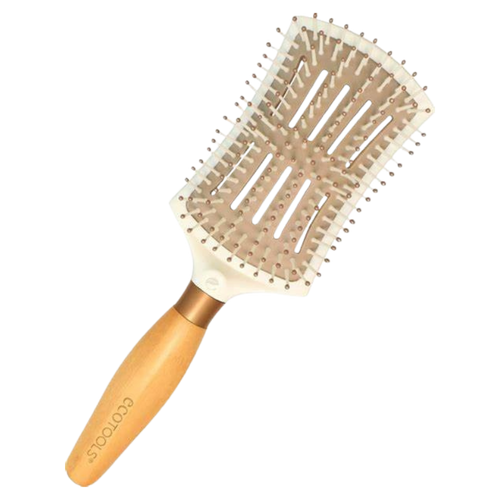 A white paddle brush with a wooden handle and bristles, designed for smoothing and detangling hair.