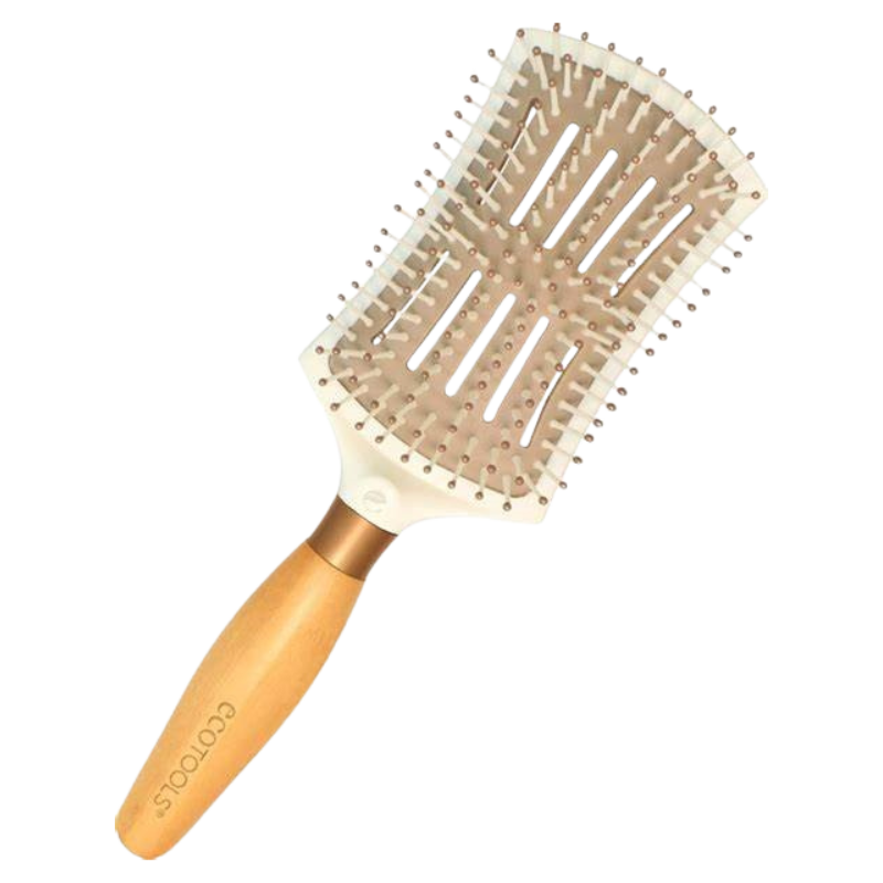 A white paddle brush with a wooden handle and bristles, designed for smoothing and detangling hair.