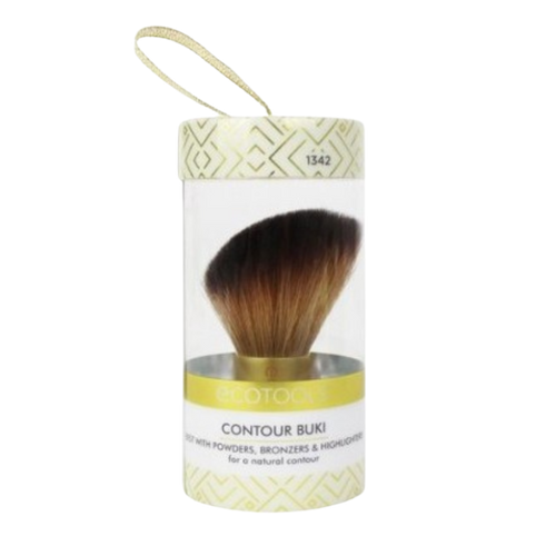 ECO TOOLS Contour Buki Brush 1342, a makeup brush with a beige handle and brown bristles, packaged in a container with a gold and white geometric pattern.