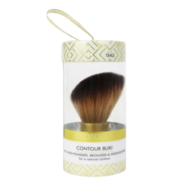 ECO TOOLS Contour Buki Brush 1342, a makeup brush with a beige handle and brown bristles, packaged in a container with a gold and white geometric pattern.