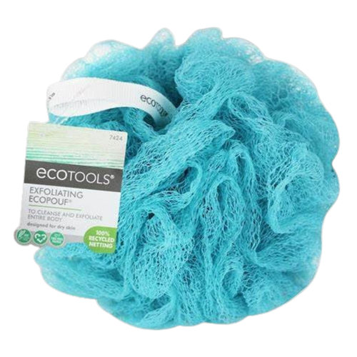 A blue Eco Tools exfoliating eco-puff facial cleansing brush with a white label attached to it.