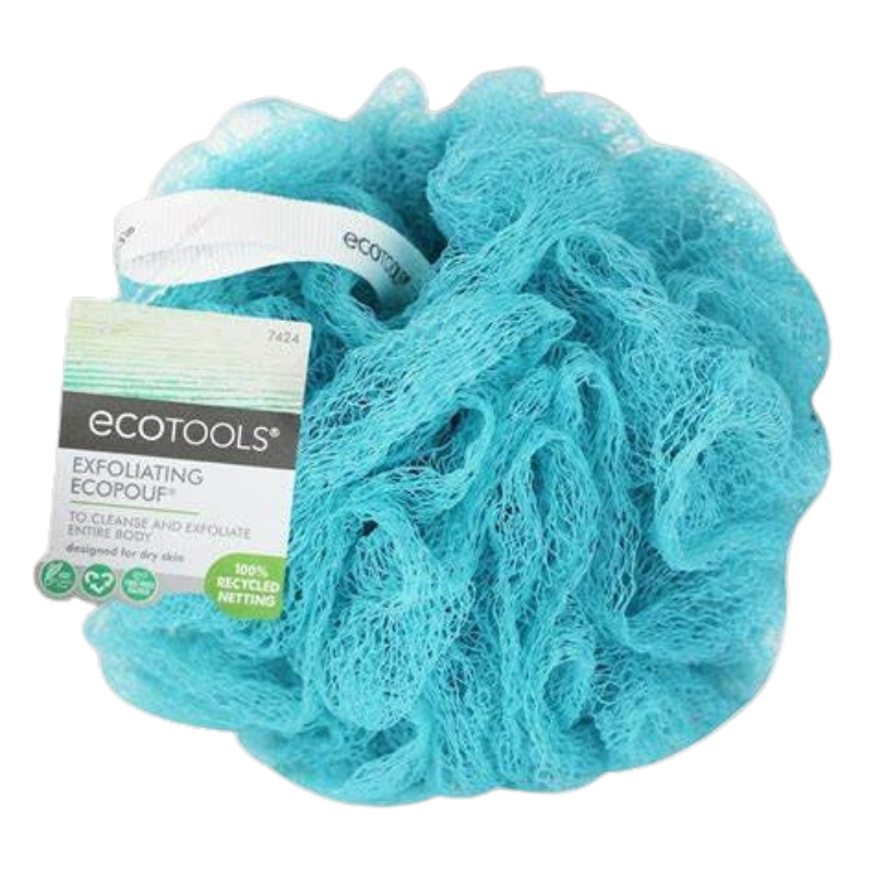 A blue Eco Tools exfoliating eco-puff facial cleansing brush with a white label attached to it.