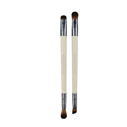 Two beige eyelash brushes with black bristles, one with a flat base and the other with a rounded base, both labeled with 'Eco Tools'.