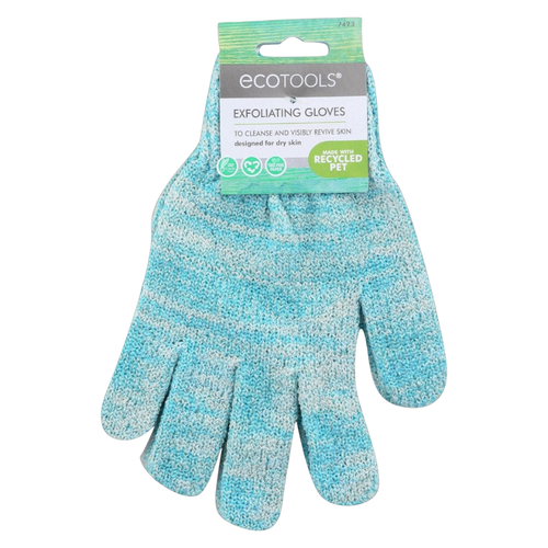 A pair of blue-striped ECO TOOLS exfoliating gloves in packaging, designed for cleaning and exfoliating the skin.