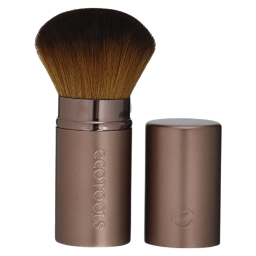 A retractable kabuki brush with a metal handle and synthetic bristles, labelled with the brand ECO TOOLS.