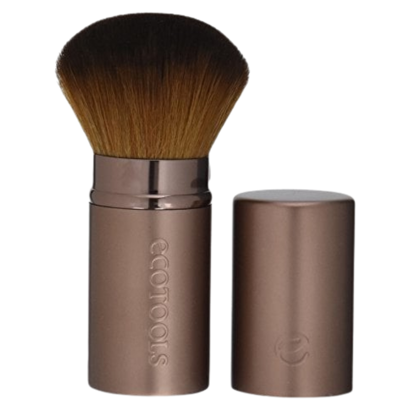 A retractable kabuki brush with a metal handle and synthetic bristles, labelled with the brand ECO TOOLS.