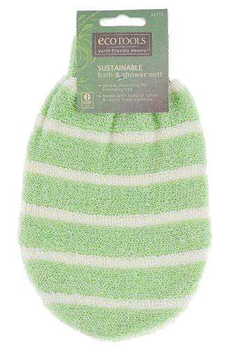 A green and white striped Eco Tools bath and shower mitt packaged on a cardboard backing with the brand name and product details printed on it.