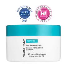 Load image into Gallery viewer, A white jar of NeoStrata Restore PHA Renewal Pads with a teal lid. The label indicates it contains 60 pads (55 mL / 1.9 FL OZ). Above the jar, two 2023 award seals are displayed: a blue "Social Winner" from Best Beauty Buys and a pink "Hi Best Beauty Buys" seal.
