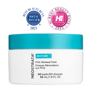 A white jar of NeoStrata Restore PHA Renewal Pads with a teal lid. The label indicates it contains 60 pads (55 mL / 1.9 FL OZ). Above the jar, two 2023 award seals are displayed: a blue 