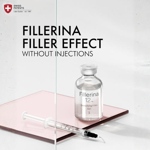 A vial labeled 'Fillerina 12' with a special applicator, indicating the product is a skin care filler designed for injection.