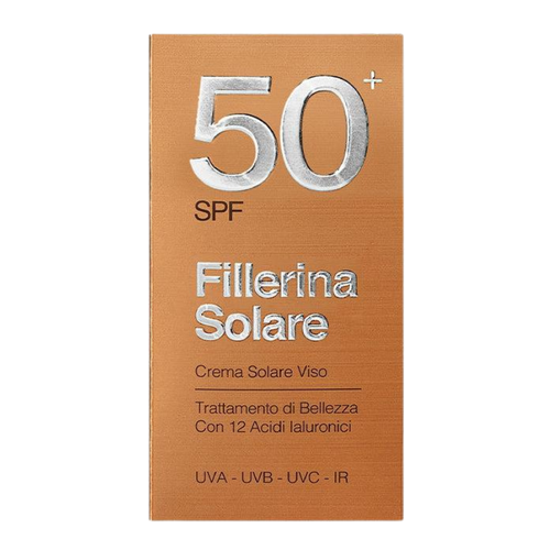 A box of FILLERINA SUN FACE CREAM SPF50+ 50ML with product details visible on the front.