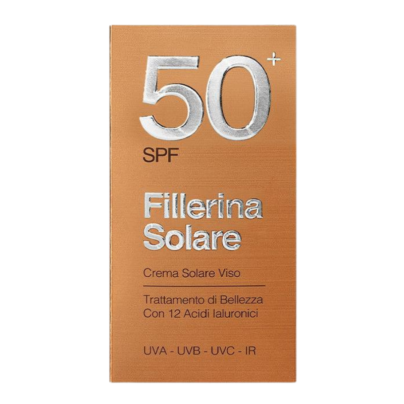 A box of FILLERINA SUN FACE CREAM SPF50+ 50ML with product details visible on the front.
