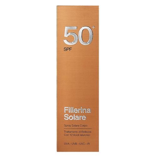 A pump bottle of FILLERINA SUN BODY SPRAY with SPF 50+ protection.