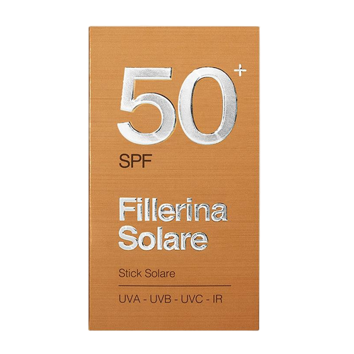 A packaged sun stick with SPF 50+ protection, branded as Fillerina Solare, in a beige colored container.