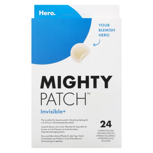 Packaging of Hero. Mighty Patch™ Invisible+ hydrocolloid pimple patches with a count of 24 patches.