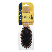 Load image into Gallery viewer, A Kent Stylish hairbrush in its retail packaging, featuring a light wood handle and black bristles.
