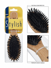Load image into Gallery viewer, Kent's Stylish hairbrush in its promotional packaging + close ups of the handle and the bristles.
