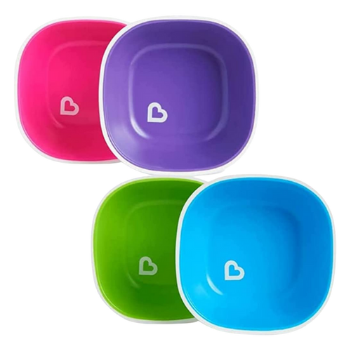 Munchkin Splash™ gripping bowls set of four with no-slip bottoms, modern design, and vibrant colors for toddler mealtime.