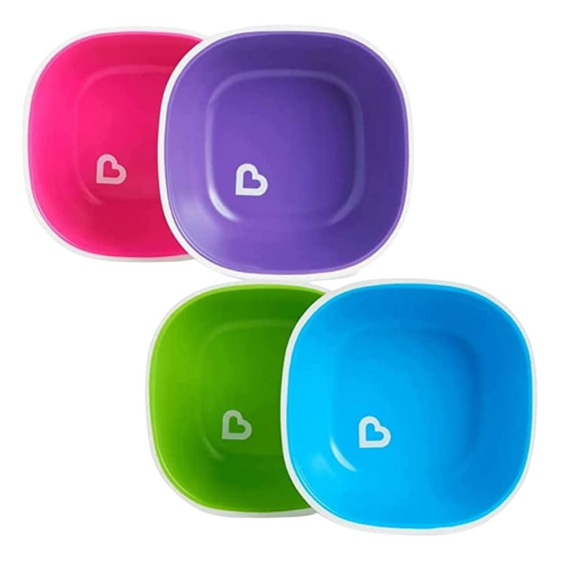 Munchkin Splash™ gripping bowls set of four with no-slip bottoms, modern design, and vibrant colors for toddler mealtime.