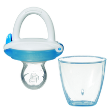 Load image into Gallery viewer, A Munchkin baby food feeder in blue colour with a small hole at the bottom and an attached pouch, alongside an empty clear container.
