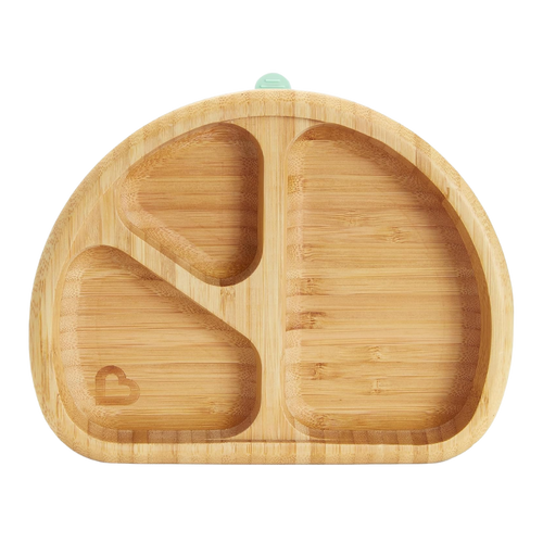 Wooden children's plate with divided sections on a white background