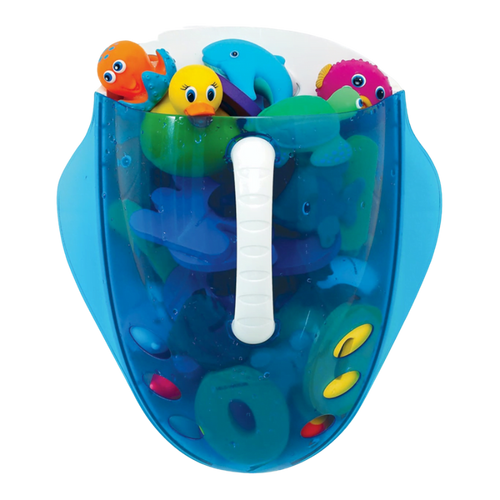 A blue bath toy scoop with a clear top filled with colourful bath toys, attached to a white wall with adhesive strips.
