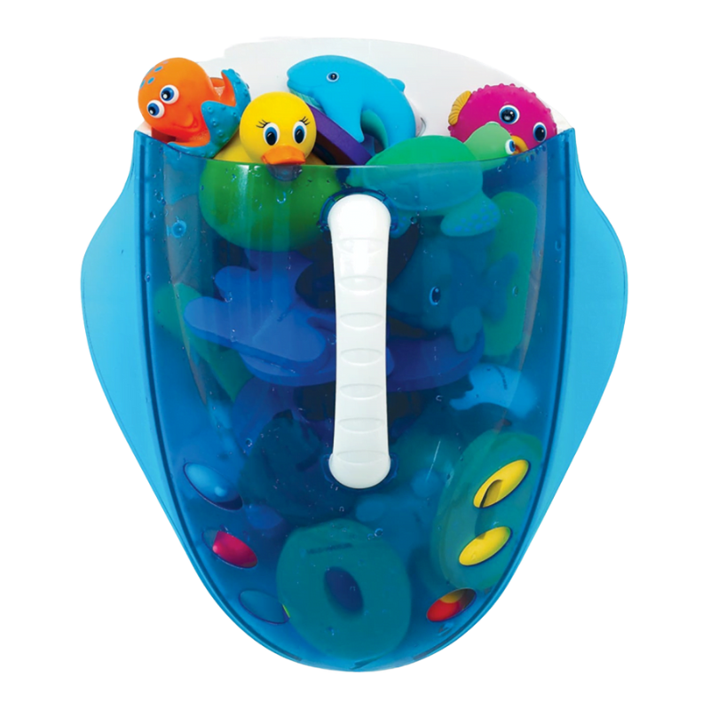 A blue bath toy scoop with a clear top filled with colourful bath toys, attached to a white wall with adhesive strips.