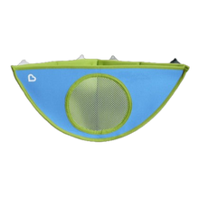 Load image into Gallery viewer, A blue and green Munchkin High&#39;n Dry Corner Bath Organiser with suction cups and a mesh storage area.
