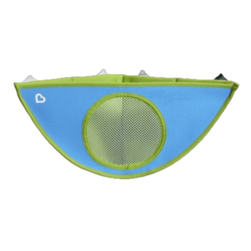 A blue and green Munchkin High'n Dry Corner Bath Organiser with suction cups and a mesh storage area.